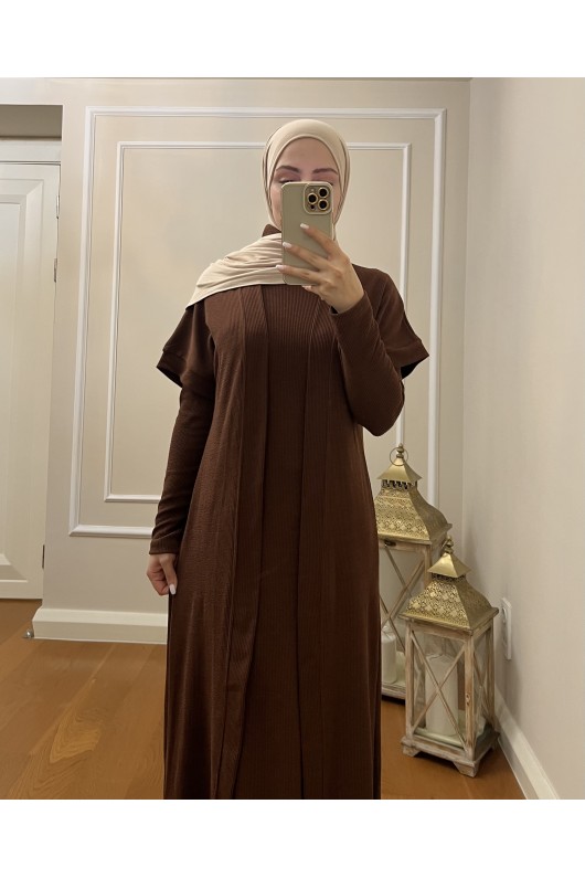 4441 Hırka Elbise Tesettür Takım Kahverengi̇ İ-2