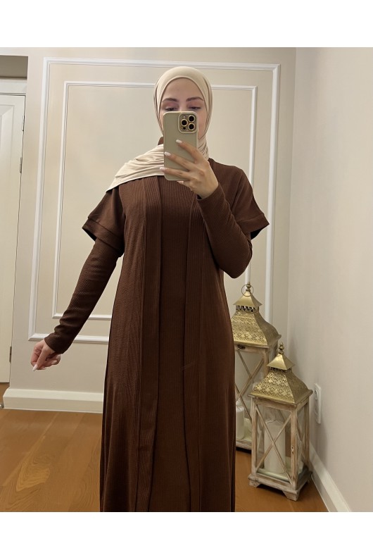 4441 Hırka Elbise Tesettür Takım Kahverengi̇ İ-2