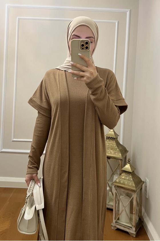 4441 Hırka Elbise Tesettür Takım Camel İ-2