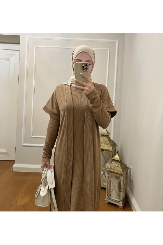 4441 Hırka Elbise Tesettür Takım Camel İ-2