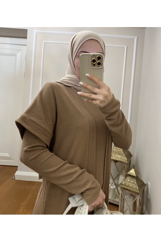 4441 Hırka Elbise Tesettür Takım Camel İ-2