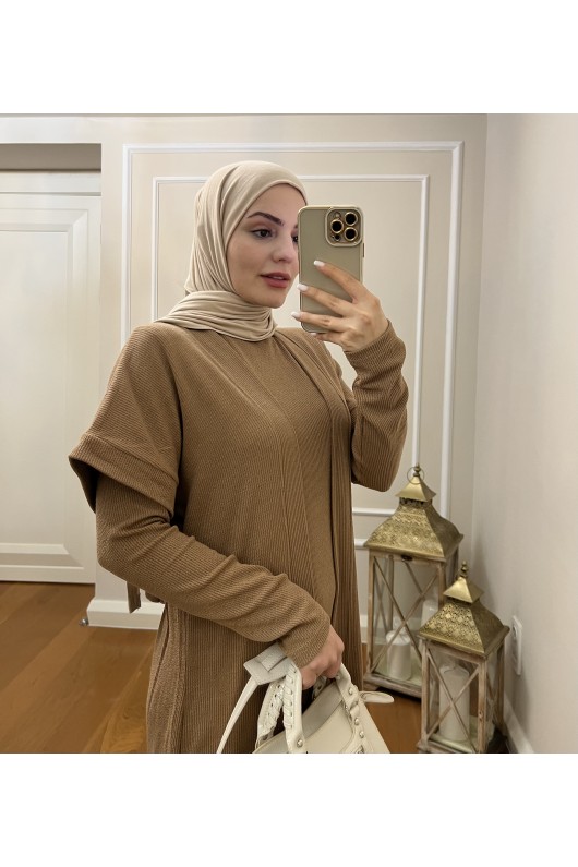 4441 Hırka Elbise Tesettür Takım Camel İ-2
