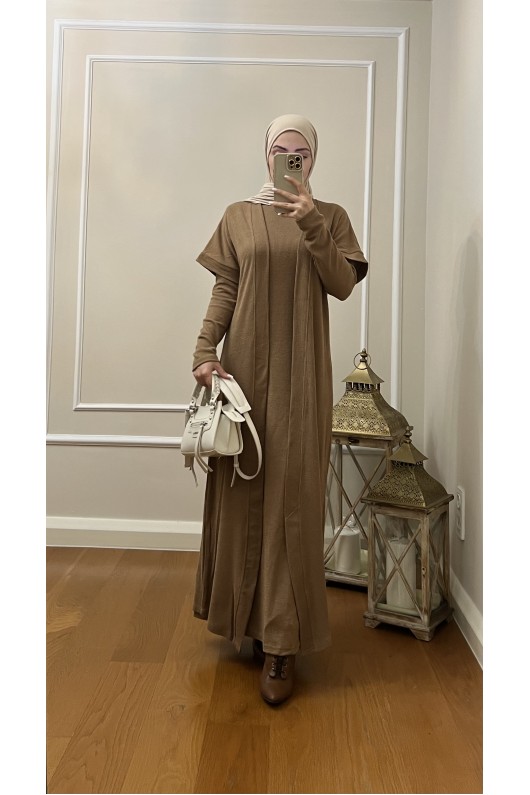 4441 Hırka Elbise Tesettür Takım Camel İ-2