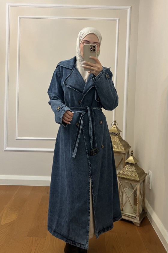 4409 Kot Tesettür Trençkot Mavi̇-Z3