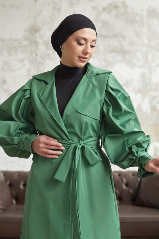 5102 - Balon Kol Tesettür Trençkot Yeşi̇l-D3