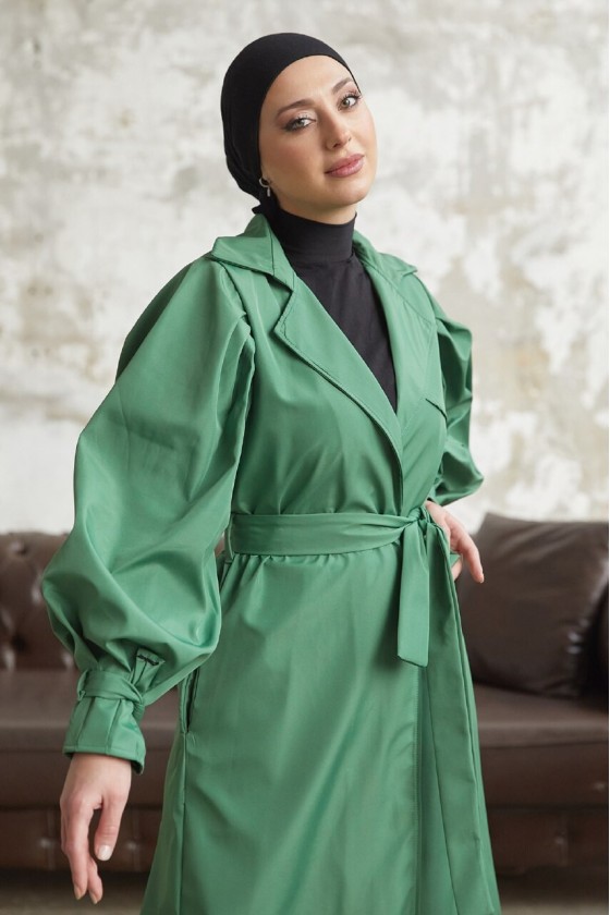 5102 - Balon Kol Tesettür Trençkot Yeşi̇l-D3 5102 - Balon Kol Tesettür Trençkot Yeşi̇l-D3