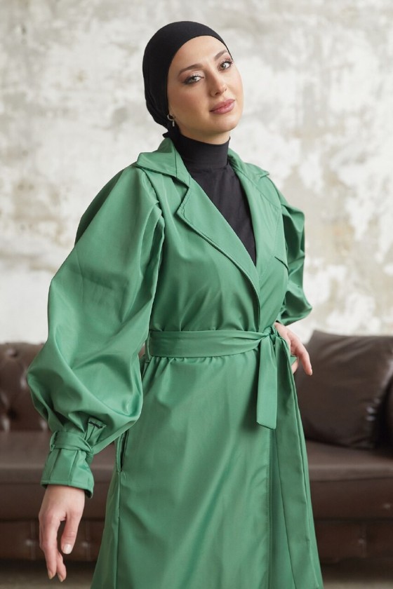 5102 - Balon Kol Tesettür Trençkot Yeşi̇l-D3