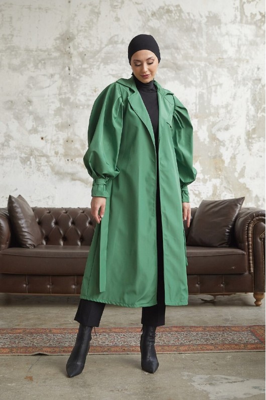 5102 - Balon Kol Tesettür Trençkot Yeşi̇l-D3 5102 - Balon Kol Tesettür Trençkot Yeşi̇l-D3