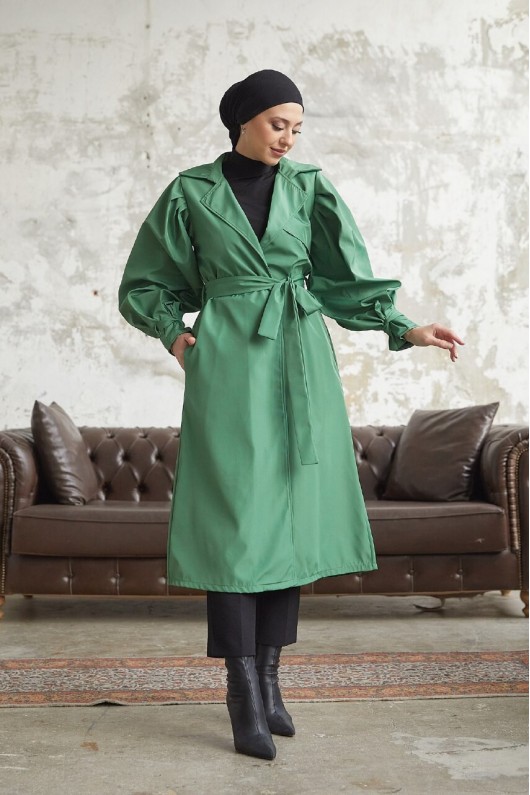 5102 - Balon Kol Tesettür Trençkot Yeşi̇l-D3 5102 - Balon Kol Tesettür Trençkot Yeşi̇l-D3
