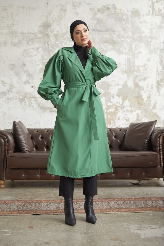 5102 - Balon Kol Tesettür Trençkot Yeşi̇l-D3 5102 - Balon Kol Tesettür Trençkot Yeşi̇l-D3
