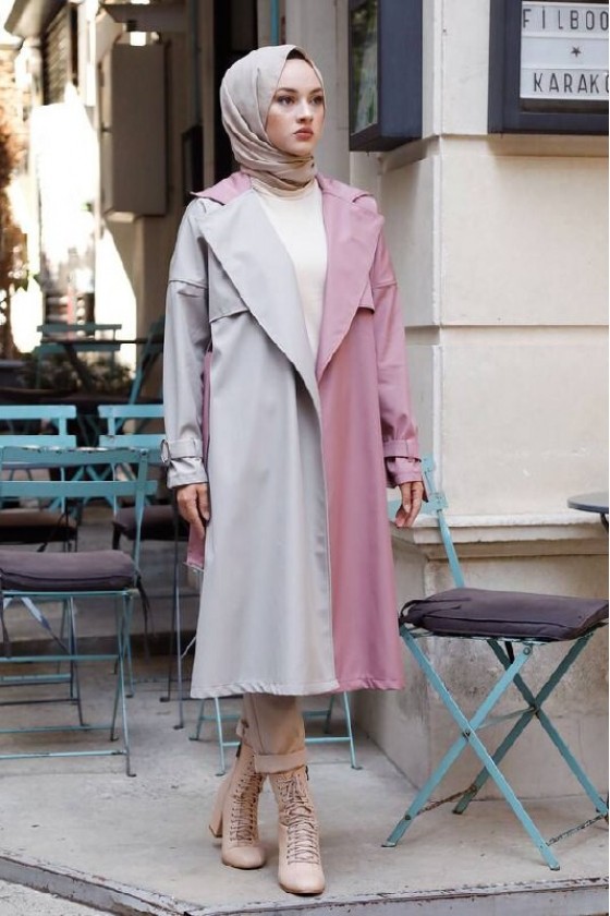 100016-İki Renk Trençkot Pembe-C4