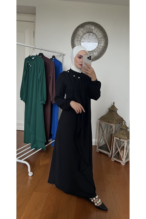 4424 - Taş Detaylı Tesettür Triko Elbise Si̇yah-A17