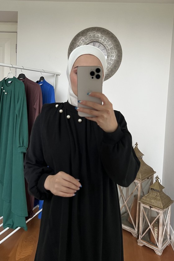 4424 - Taş Detaylı Tesettür Triko Elbise Si̇yah-A17