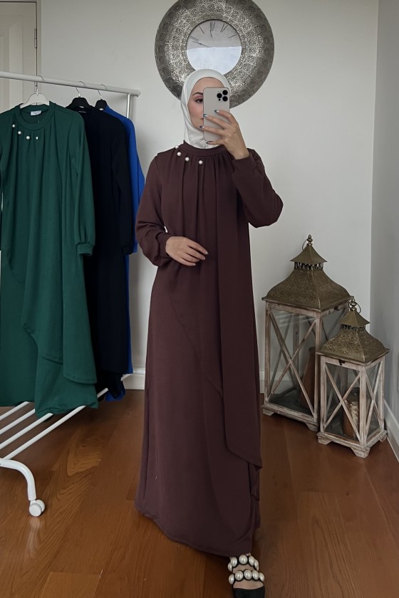 4424 - Taş Detaylı Tesettür Triko Elbise Kahverengi̇-A17