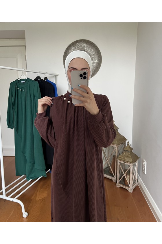 4424 - Taş Detaylı Tesettür Triko Elbise Kahverengi̇-A17