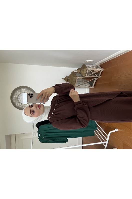 4424 - Taş Detaylı Tesettür Triko Elbise Kahverengi̇-A17