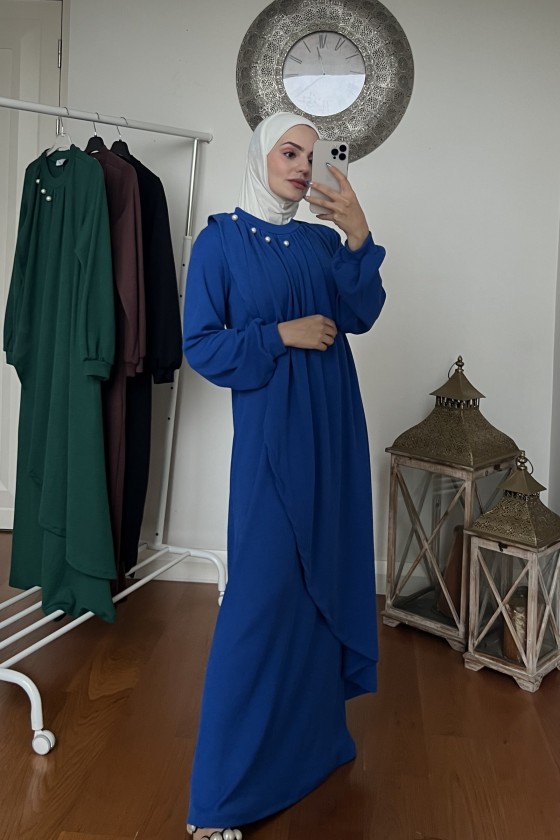 4424 - Taş Detaylı Tesettür Triko Elbise Mavi̇-A17