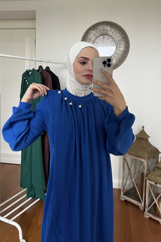 4424 - Taş Detaylı Tesettür Triko Elbise Mavi̇-A17