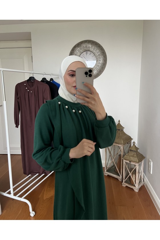 4424 - Taş Detaylı Tesettür Triko Elbise Yeşi̇l-A17