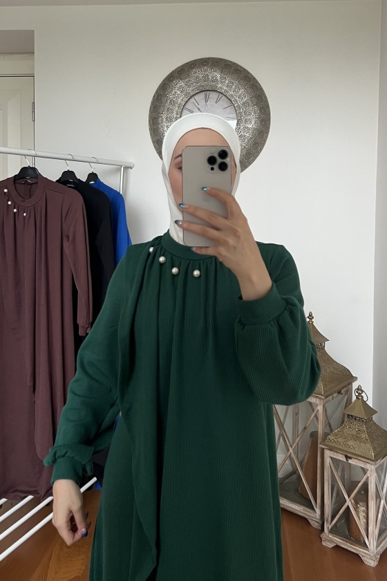 4424 - Taş Detaylı Tesettür Triko Elbise Yeşi̇l-A17