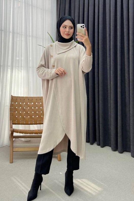 4420-Asimetrik Tesettür Tunik Taş-A4
