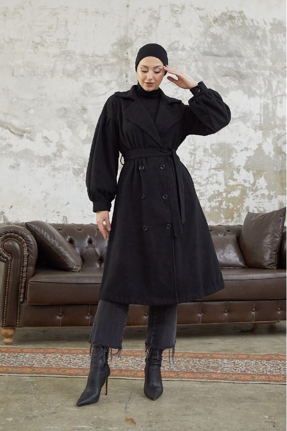 1207 - 6 Düğmeli Tesettür Kaban Si̇yah-A16