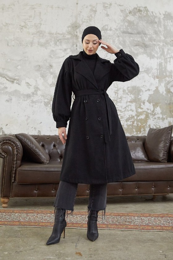 1207 - 6 Düğmeli Tesettür Kaban Si̇yah-A16