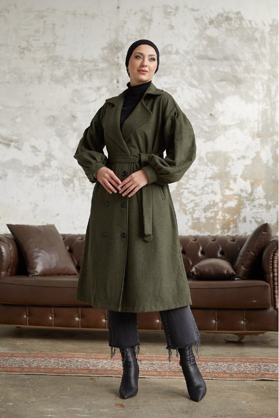 1207 - 6 Düğmeli Tesettür Kaban Haki̇-A16