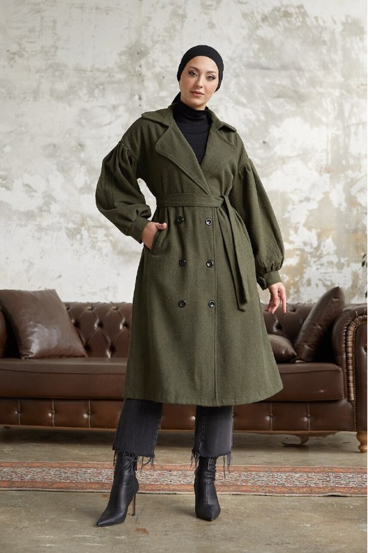 1207 - 6 Düğmeli Tesettür Kaban Haki̇-A16 1207 - 6 Düğmeli Tesettür Kaban Haki̇-A16