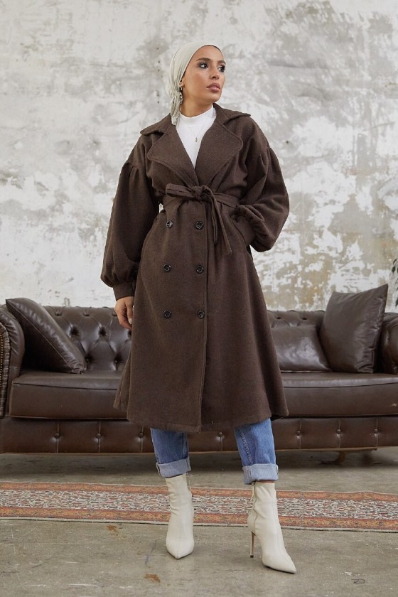 1207 - 6 Düğmeli Tesettür Kaban Kahverengi̇-A16