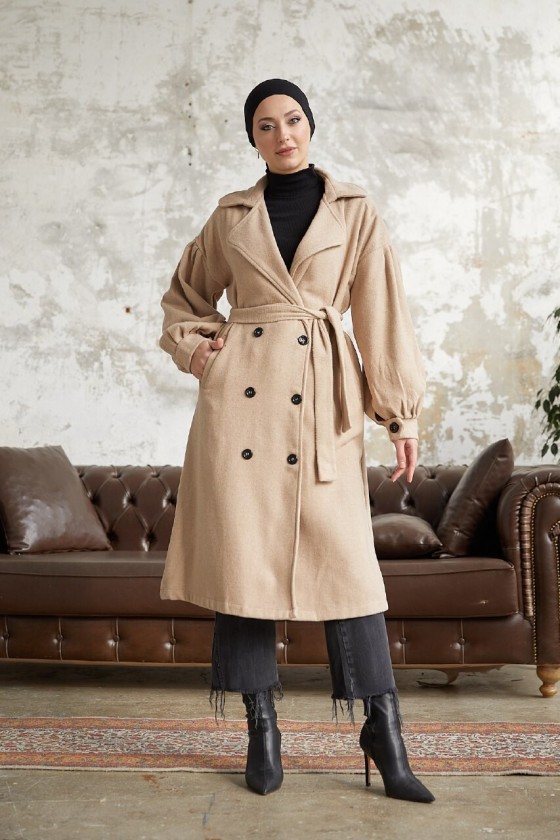 1207 - 6 Düğmeli Tesettür Kaban Camel-A16