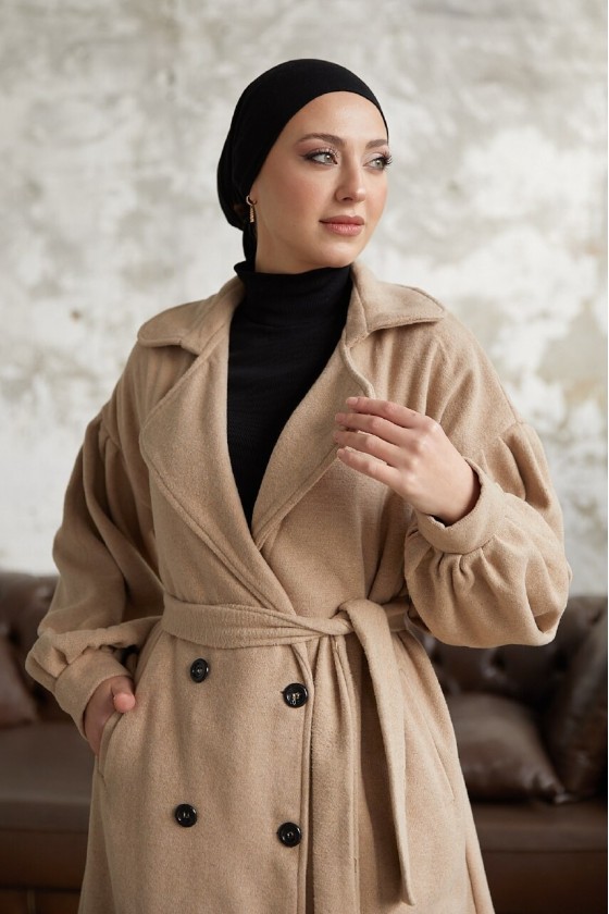 1207 - 6 Düğmeli Tesettür Kaban Camel-A16