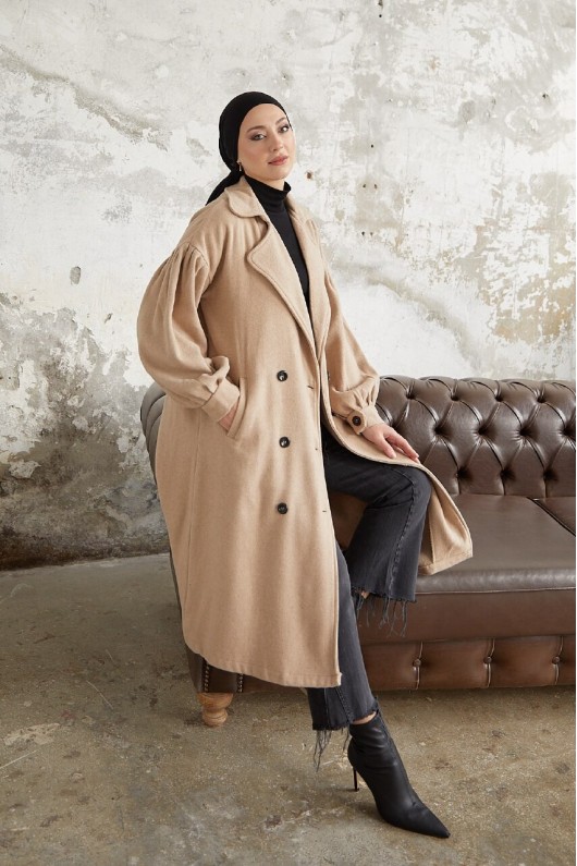 1207 - 6 Düğmeli Tesettür Kaban Camel-A16