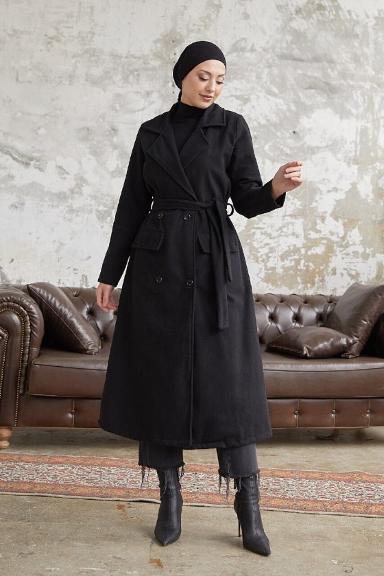 12102 - Dört Düğmeli Tesettür Kaban Si̇yah-F7