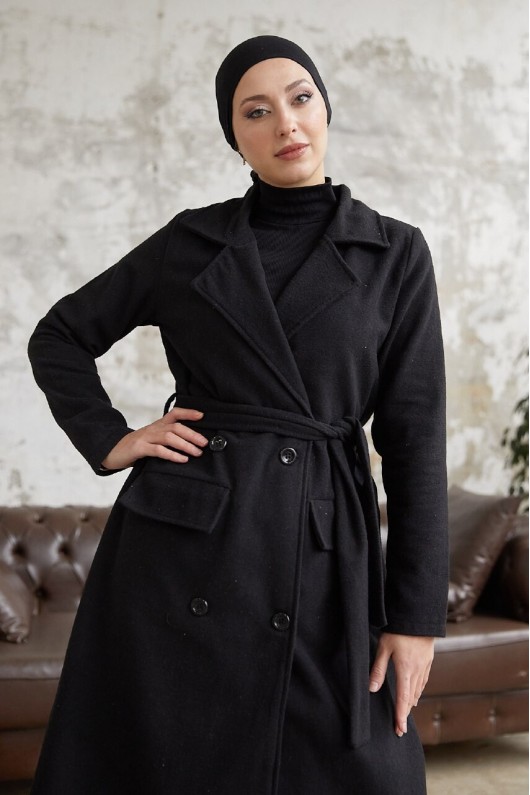 12102 - Dört Düğmeli Tesettür Kaban Si̇yah-F7 12102 - Dört Düğmeli Tesettür Kaban Si̇yah-F7