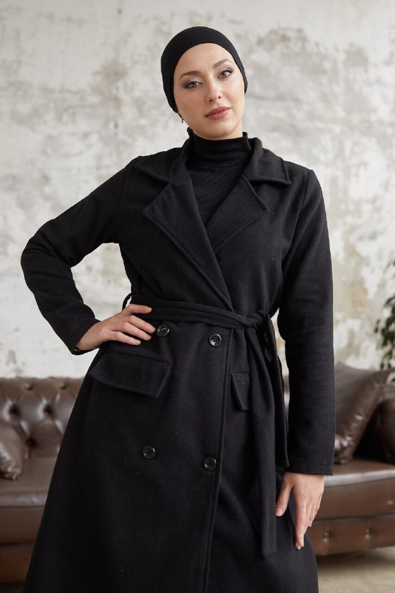 12102 - Dört Düğmeli Tesettür Kaban Si̇yah-F7 12102 - Dört Düğmeli Tesettür Kaban Si̇yah-F7