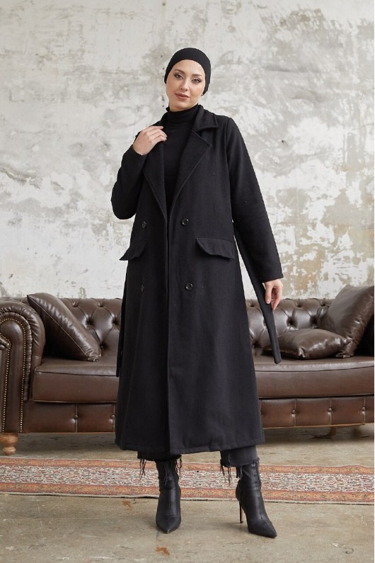 12102 - Dört Düğmeli Tesettür Kaban Si̇yah-F7 12102 - Dört Düğmeli Tesettür Kaban Si̇yah-F7
