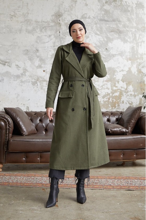 12102 - Dört Düğmeli Tesettür Kaban Haki̇-F7