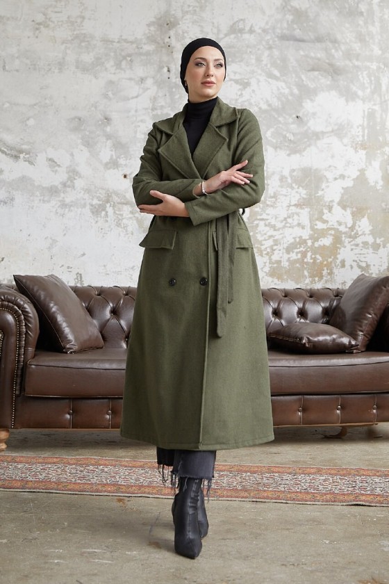 12102 - Dört Düğmeli Tesettür Kaban Haki̇-F7 12102 - Dört Düğmeli Tesettür Kaban Haki̇-F7