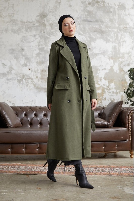 12102 - Dört Düğmeli Tesettür Kaban Haki̇-F7 12102 - Dört Düğmeli Tesettür Kaban Haki̇-F7