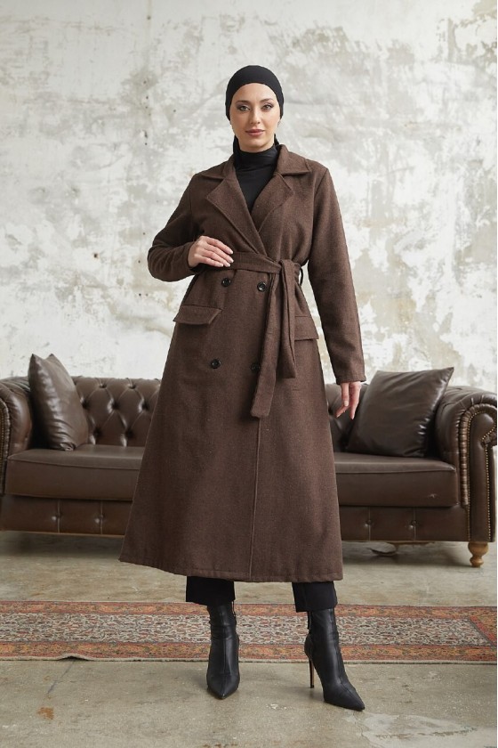 12102 - Dört Düğmeli Tesettür Kaban Kahverengi̇-F7