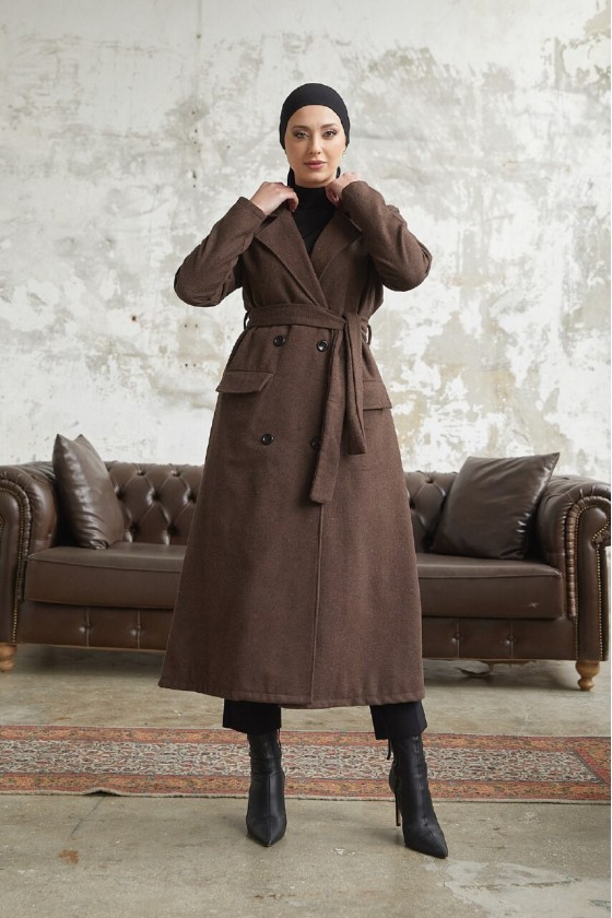 12102 - Dört Düğmeli Tesettür Kaban Kahverengi̇-F7 12102 - Dört Düğmeli Tesettür Kaban Kahverengi̇-F7