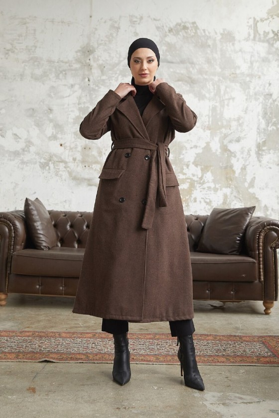 12102 - Dört Düğmeli Tesettür Kaban Kahverengi̇-F7 12102 - Dört Düğmeli Tesettür Kaban Kahverengi̇-F7