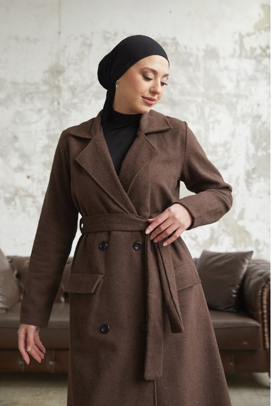 12102 - Dört Düğmeli Tesettür Kaban Kahverengi̇-F7 12102 - Dört Düğmeli Tesettür Kaban Kahverengi̇-F7