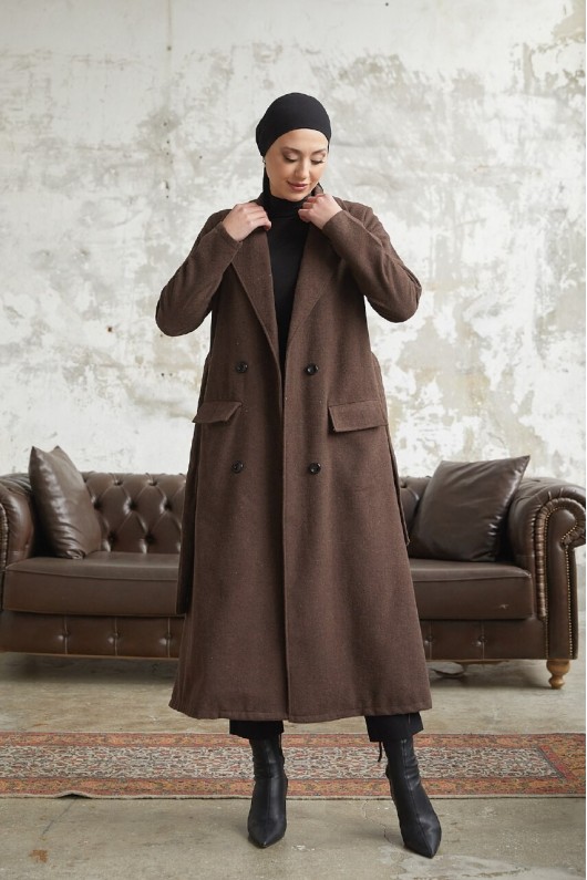 12102 - Dört Düğmeli Tesettür Kaban Kahverengi̇-F7 12102 - Dört Düğmeli Tesettür Kaban Kahverengi̇-F7