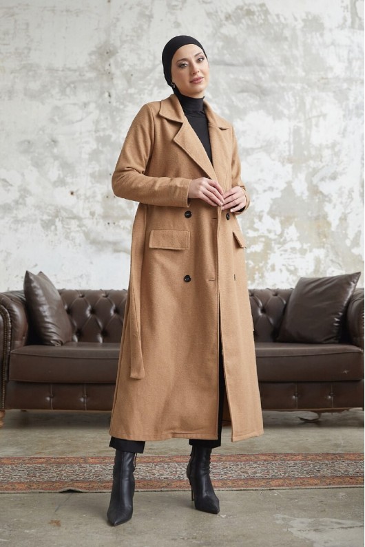 12102 - Dört Düğmeli Tesettür Kaban Camel-F7