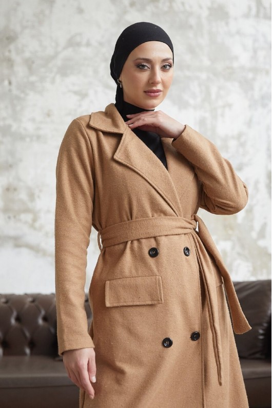 12102 - Dört Düğmeli Tesettür Kaban Camel-F7