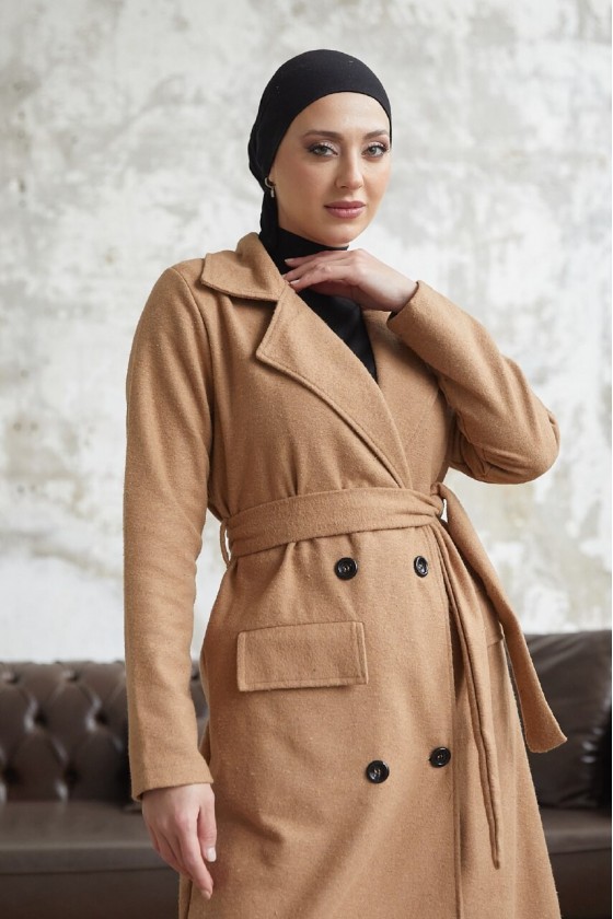 12102 - Dört Düğmeli Tesettür Kaban Camel-F7