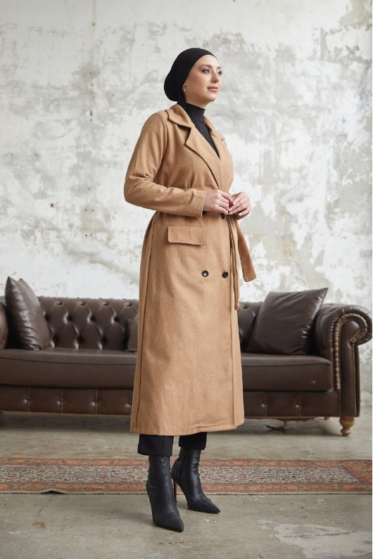 12102 - Dört Düğmeli Tesettür Kaban Camel-F7