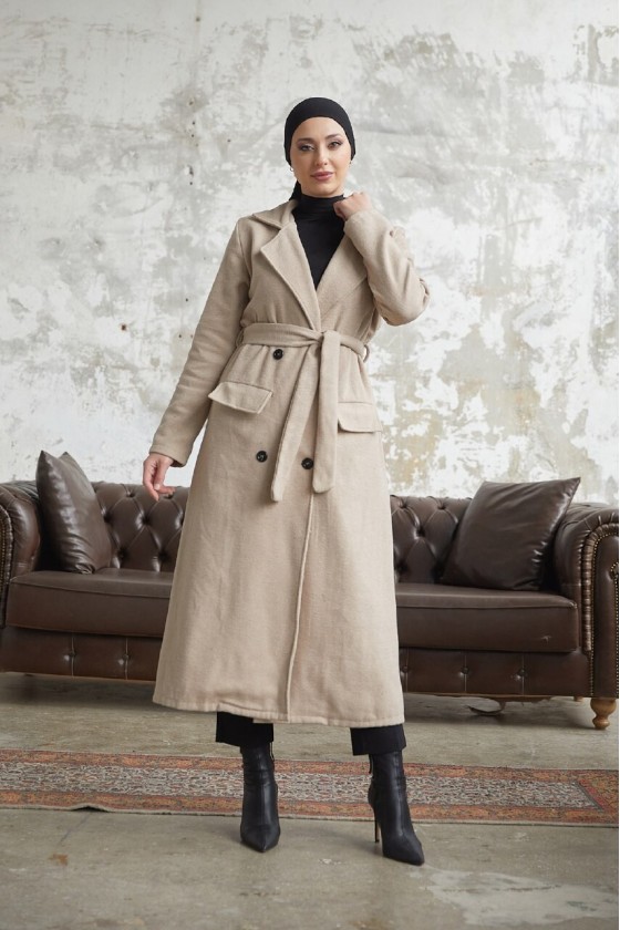 12102 - Dört Düğmeli Tesettür Kaban Bej-F7